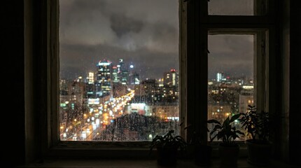 View Of Rainy Cityscape At Night Through Old Window Frame With Raindrops On Glass Pane And Potted Plants On Sill Against Glowing City