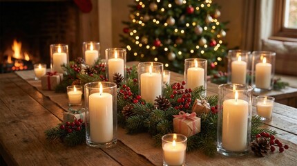 Warm Christmas Dinner Table Centerpiece with Candles Pine Cones Berries and Gifts in Front of a Lit Fireplace and Decorated Tree