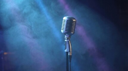 Vintage Silver Microphone Standing On Stage With Dramatic Blue And Purple Spotlight Beams Amidst Thick Atmospheric Smoke In Dark Concert