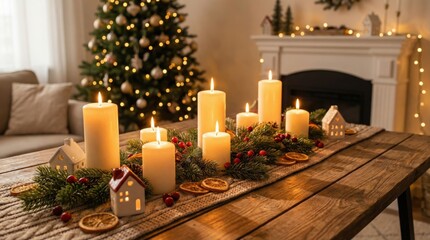 Warm Cozy Christmas Table Centerpiece with Burning Candles Fir Branches Red Berries Dried Orange Slices Festive Holiday Decor Background