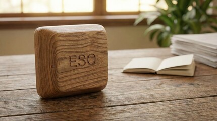 Wooden Escape Key Block Resting On A Rustic Office Desk With Open Books And Stacked Papers In Front Of A Sunlit Window With A Potted Plant