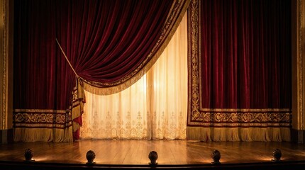 Red Velvet Theater Curtains With Ornate Gold Embroidery On A Classic Wooden Stage Lit By Warm Footlights Creating A Dramatic Atmosphere