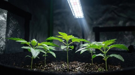 Young Green Cannabis Seedlings Growing In Soil Under Bright White Led Grow Light In Dark Indoor Grow Tent Environment With Reflective Walls