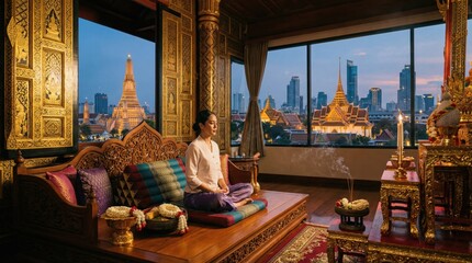 Woman In Traditional White Shirt And Purple Sarong Meditating In Ornate Golden Room With Sunset City View Of Temples And Skyscrapers