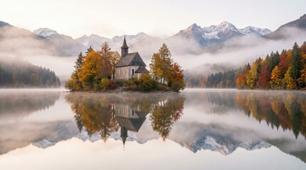 Scenic Stone Church Standing On A Tiny Island Surrounded By Golden Autumn Trees Mirrored In A Calm Misty Lake With Snow Capped Alpine Peaks