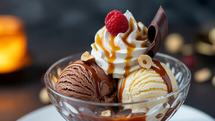 Decadent chocolate and vanilla ice cream sundae with caramel, whipped cream, and raspberry