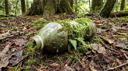 Weathered Discarded Plastic Bottle Lying On Mossy Forest Floor Overgrown With Green Moss And Tiny Ferns Surrounded By Fallen Autumn Leaves