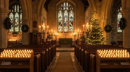 Warm Glow of Numerous Lit Candles and a Decorated Christmas Tree Inside a Traditional Stone Church Interior with Stained Glass Windows at