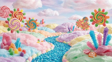 Whimsical Candy Land Landscape with Swirling Lollipops and Rock Candy Crystals Under a Pastel Sky