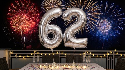 Silver Foil Balloon Number Sixty Two Floating Above Festive Table Setting With Fireworks Display And String Lights Background For
