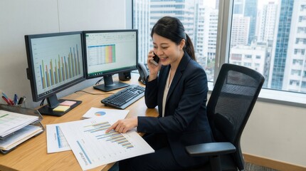 Smiling Asian Businesswoman In Formal Navy Suit Speaking On Phone And Pointing At Data Charts On Wooden Desk In High Rise Office With City