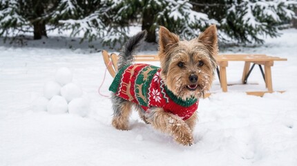 Small Terrier Dog Wearing Red And Green Festive Christmas Sweater Standing On Snowy Ground Near Wooden Sled And Snowballs In Winter Forest