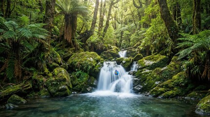 Small Waterfall Cascades Down Mossy Boulders Into A Serene Turquoise Pool Surrounded By Dense Ferns And Vibrant Green Tropical Jungle