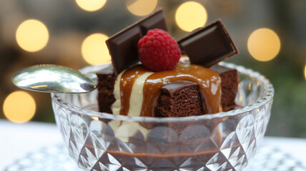 Decadent chocolate brownie dessert with luscious caramel, fresh raspberry, and chocolate squares