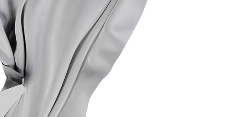 Close-up of elegant silver fabric drapes with soft folds and shadows on a white background,...