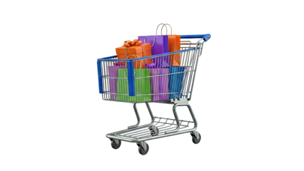 Shopping Cart Filled with Colorful Gift Bags and Boxes