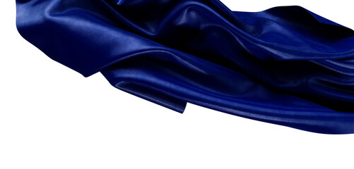 Close-up of flowing dark blue satin or silk fabric against a white background. Perfect for textile...