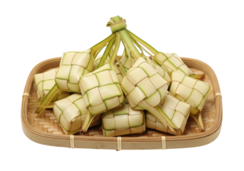 ketupat rice cakes in woven palm leaf pouch on a basket
