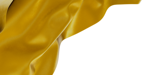 Close up shot of golden fabric with beautiful texture and a smooth waving pattern isolated on white background. Perfect