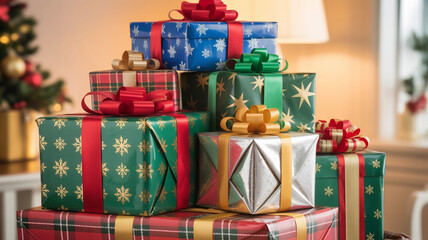 A festive tower of beautifully wrapped christmas gifts adorned with colorful ribbons and bows