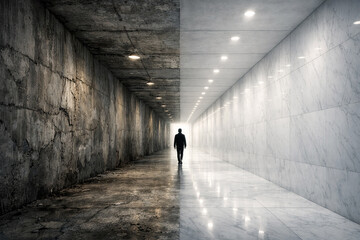 A lone figure walks down a dimly lit corridor with contrasting stone walls and reflective floor