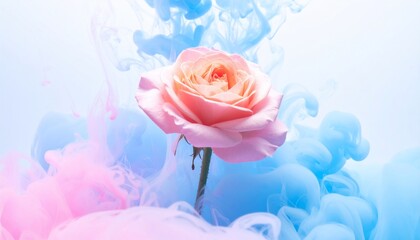 A pink rose centerpiece surrounded by swirling blue and pink color clouds against white