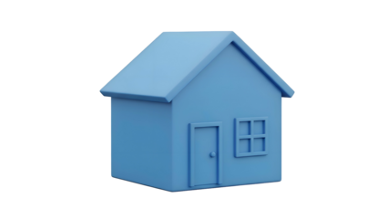 Small blue house model with door and window.