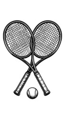 Intertwined tennis rackets above a ball, in monochrome with intricate hatching creating a vintage engraved feel