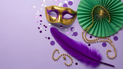 Mardi Gras Mask and Decorations on Purple Background