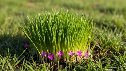 Delicate violet blooms nestled in vibrant green grass under gentle sunlight