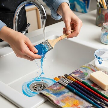 Artist rinsing paint brush under faucet in white sink for studio cleaning