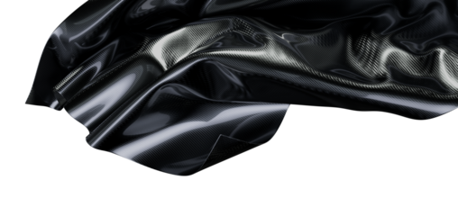 Close-up of a glossy black carbon fiber fabric with reflective light, showcasing texture and detail.