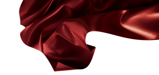 Close-up of a luxurious burgundy fabric with elegant folds and sheen against a white background. Per