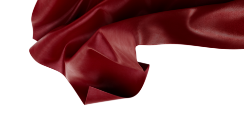 Close-up shot of a draped burgundy fabric against a clean white background. Captures the texture, sheen, and graceful mo