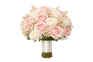 Beautiful bridal bouquet showcasing pink and white roses with delicate filler flowers and pampas grass, perfect for weddings