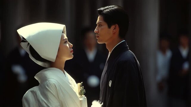 白無垢の女性が伝統的に誓いを交わす厳かな場面