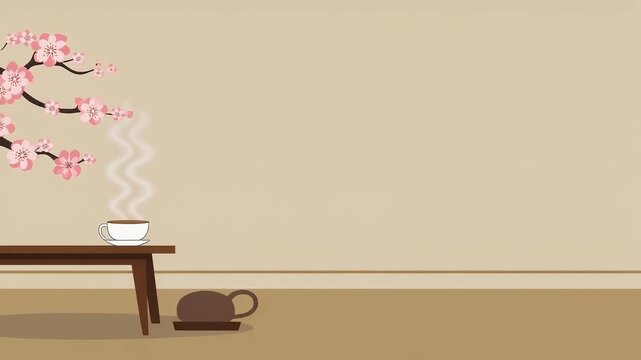 Minimalist illustration of a hot drink on a small table with cherry blossoms in a Japanese-style room. Japanese video background with copy space.