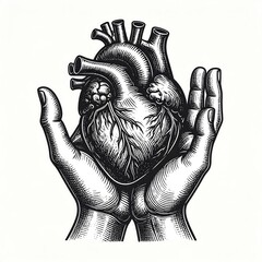 Intricate drawing of two hands carefully holding a detailed anatomical heart illustration against a plain background