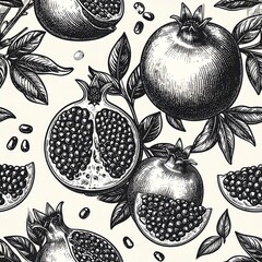 Intricate engraving of pomegranates, whole and halved, amidst leaves, forming a dense, dark and light botanical pattern