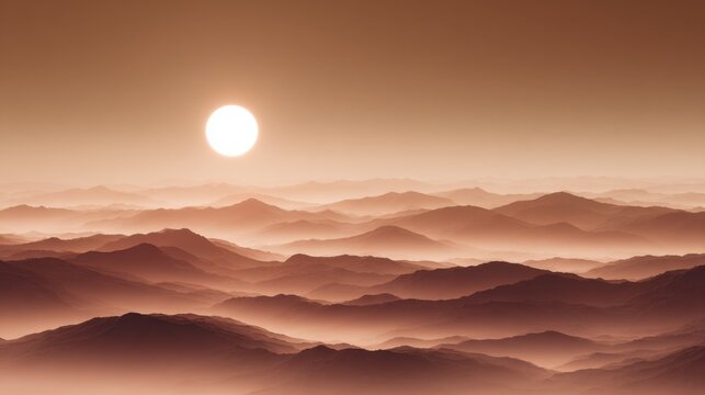 Beautiful mountain landscape at sunrise or sunset with golden sun and layered misty mountains creating peaceful natural scenery - Powered by Adobe