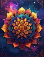Intricate floral mandala in vibrant gold, teal, and purple hues on a swirling, cosmic background