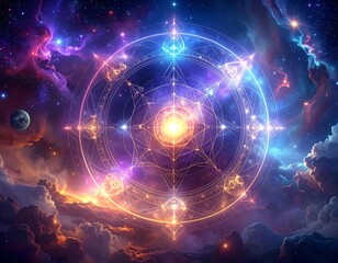 Intricate glowing mandala-like circle layered over a vibrant nebula galaxy sky with bright light source in center
