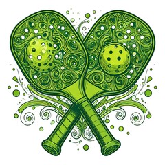 Intricate green paddles, overlaid, with a ball, curls and swirls forming a decorative, nature-inspired image