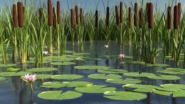 A serene pond scene with lush green lily pads and delicate pink water lilies floating on the calm water, surrounded by tall cattails under a clear blue sky.