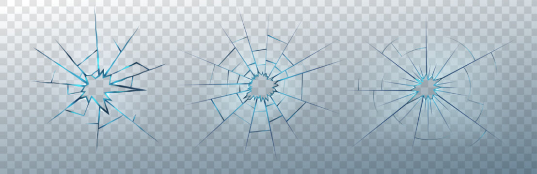 Realistic shattered glass effect with sharp shards and a bullet hole mark. This 3d texture features a broken car windshield or TV screen with transparent cracks, perfect for accident visualization.