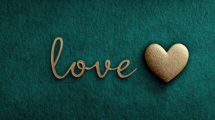 Minimalist continuous line art in shimmering gold foil, elegant calligraphy with a heart, for luxury Valentine's Day card, Social Media, E-mail header, printable, isolated on dark green