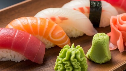 A plate of sushi nigiri with wasabi and ginger fresh Japanese cuisine