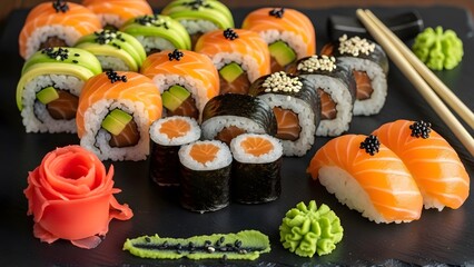 A plate of sushi rolls with chopsticks fresh and appetizing for food lovers