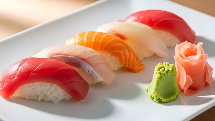 A plate of sushi nigiri with wasabi and ginger fresh Japanese cuisine