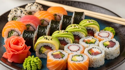 A plate of sushi rolls with chopsticks fresh and appetizing for food lovers